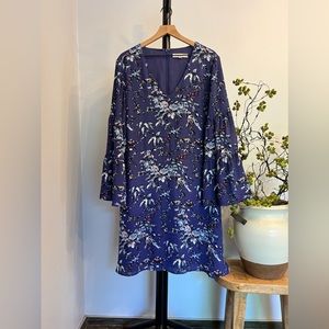 LOFT Branch Frosted Purple Floral Midi Dress with Bell Sleeves